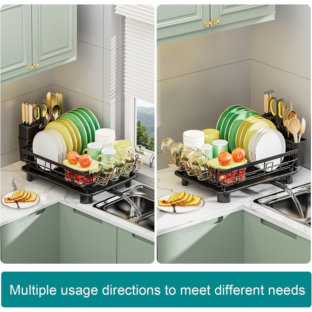 Dish Drying Rack for Kitchen Counter – Drainboard with 4 Slots Knife, Fork & Cup Holder Organizers, Rotating Swivel Spout, Durable Coated, Attractive Black