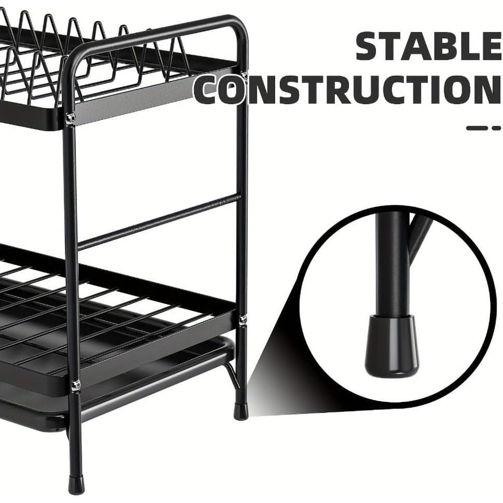 Iron Frame Dish Drainer Organizer,2-Tier Metal Dish Drying Rack with Utensil Holder, Cup Holder, and Drain Tray for Kitchen Counter,Large Capacity Dish Storage Shelf,Black