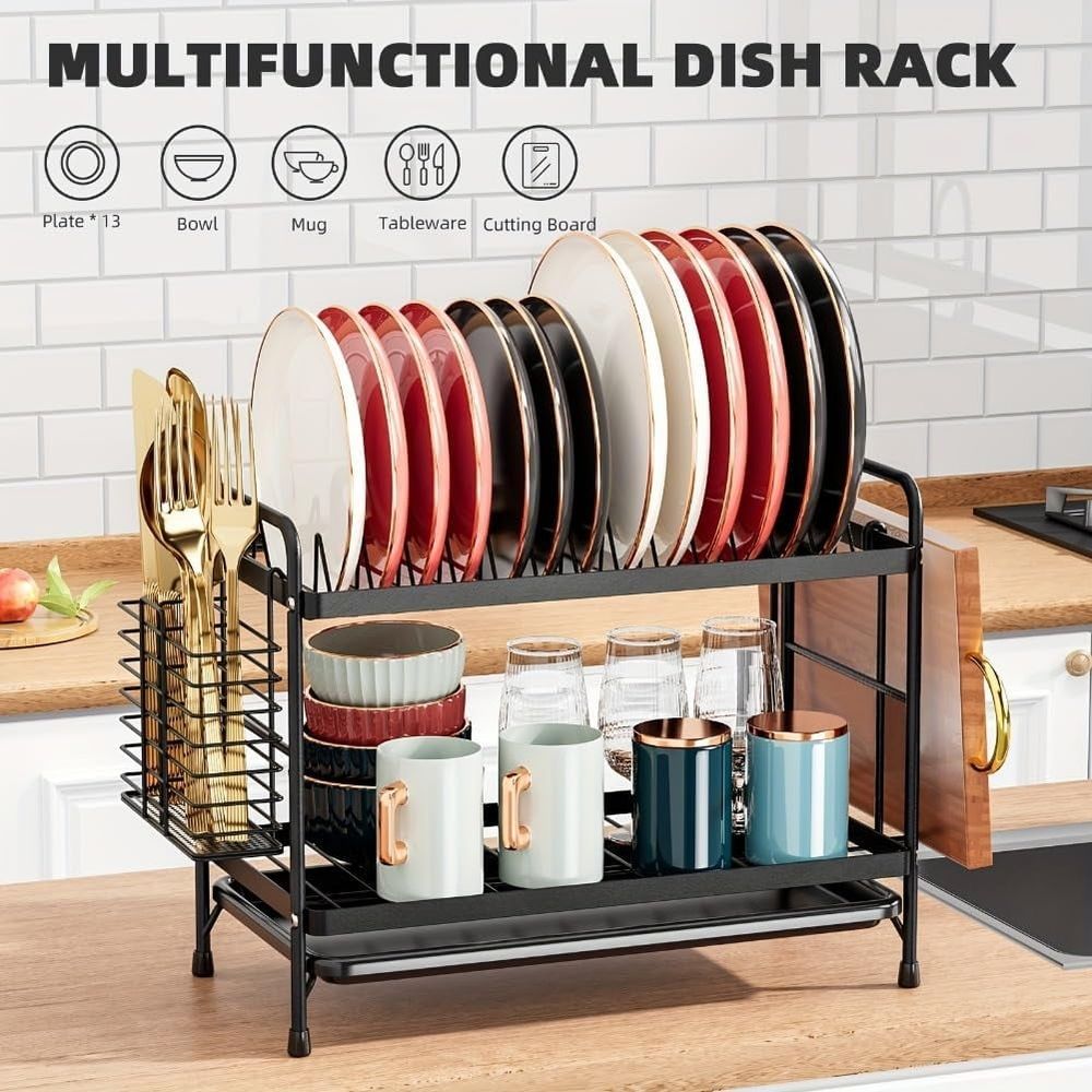 Iron Frame Dish Drainer Organizer,2-Tier Metal Dish Drying Rack with Utensil Holder, Cup Holder, and Drain Tray for Kitchen Counter,Large Capacity Dish Storage Shelf,Black