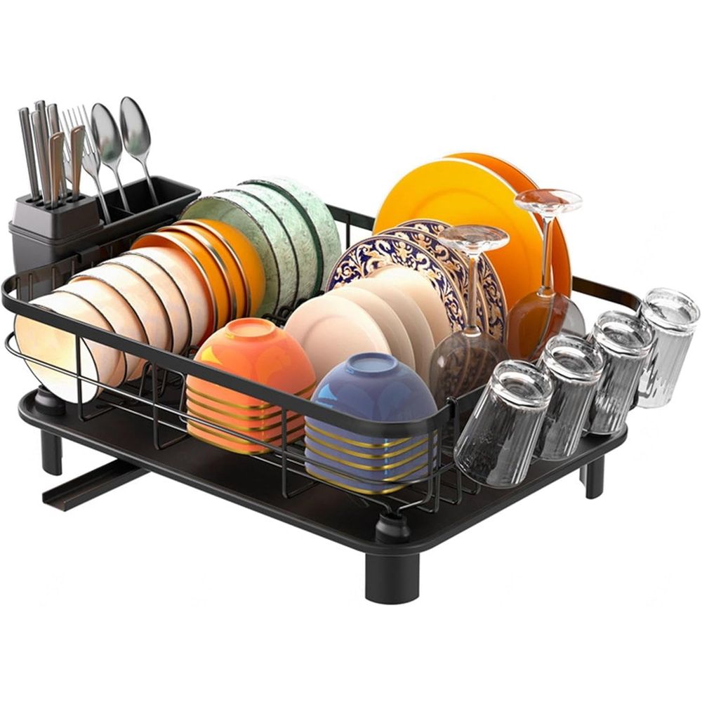 Dish Drying Rack,Large Dish Rack for Kitchen Counter,Dish Drainer with Removable Cutlery Holder Swivel Drainage Spout, Anti-Rust Dish Plate Rack