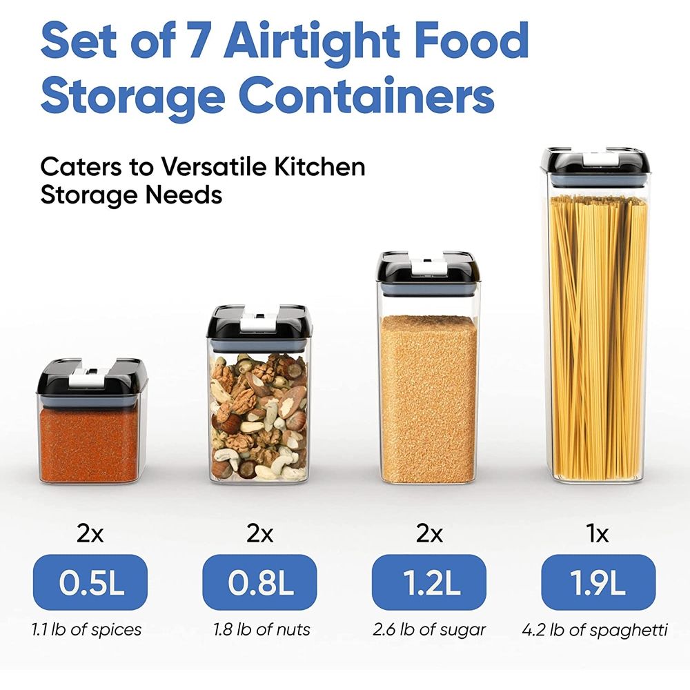 Set of 7 Airtight Food Storage Containers for Kitchen Storage - Clear Plastic - Durable Strong Lids - Labels and Chalk Marker