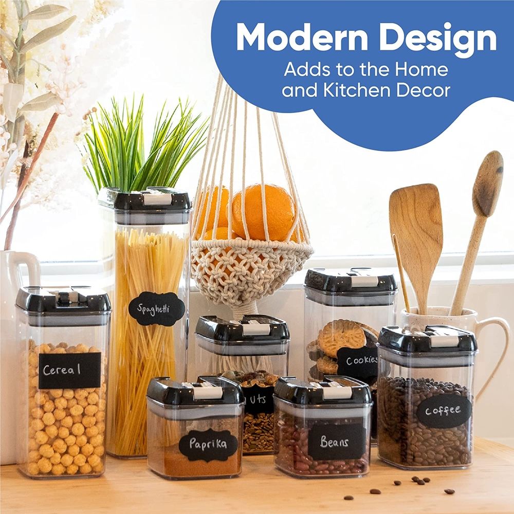 Set of 7 Airtight Food Storage Containers for Kitchen Storage - Clear Plastic - Durable Strong Lids - Labels and Chalk Marker