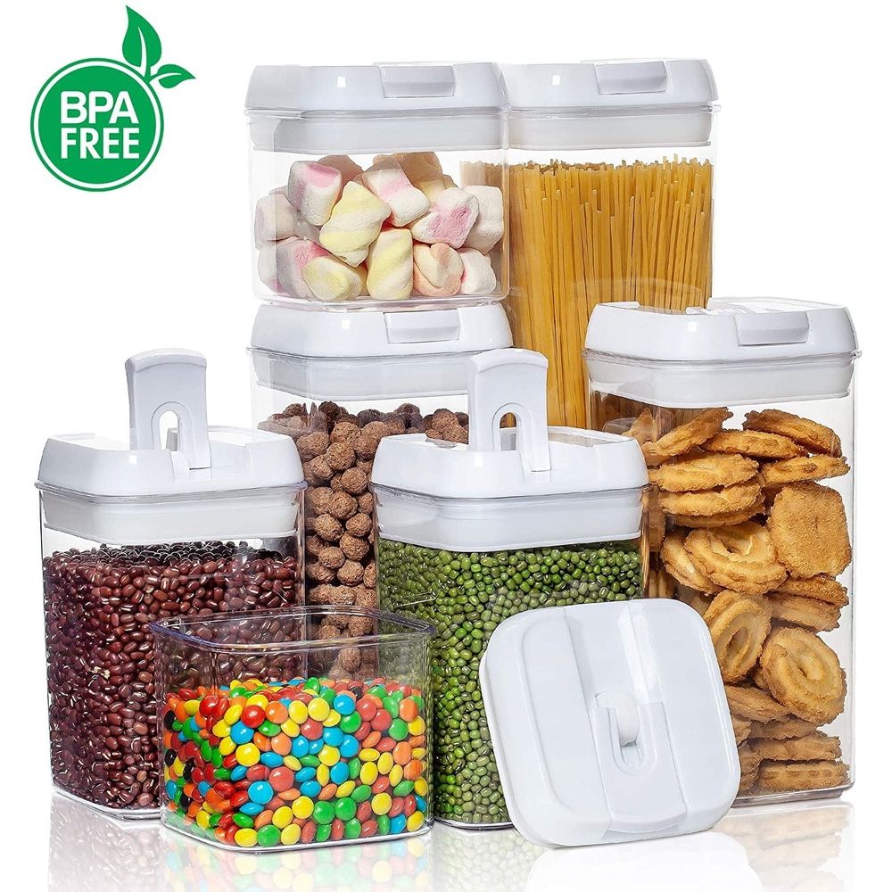 Airtight Food Storage Containers, 7 Pieces BPA Free Plastic Cereal Containers with Easy Lock Lids, for Kitchen Pantry Organization and Storage, Include 24 Labels, White