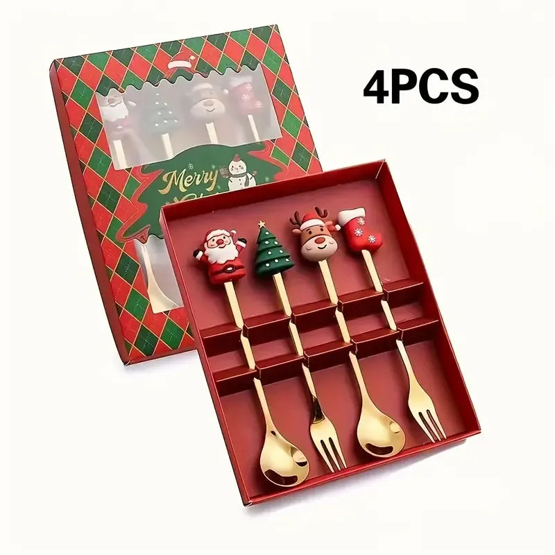 4PCS Christmas Cartoon Spoon & Fork Set – 3D Toppers, Gold Stainless Steel Dessert & Coffee Spoons, Fruit Forks, Festive Table Decor, Elegant Gift Box
