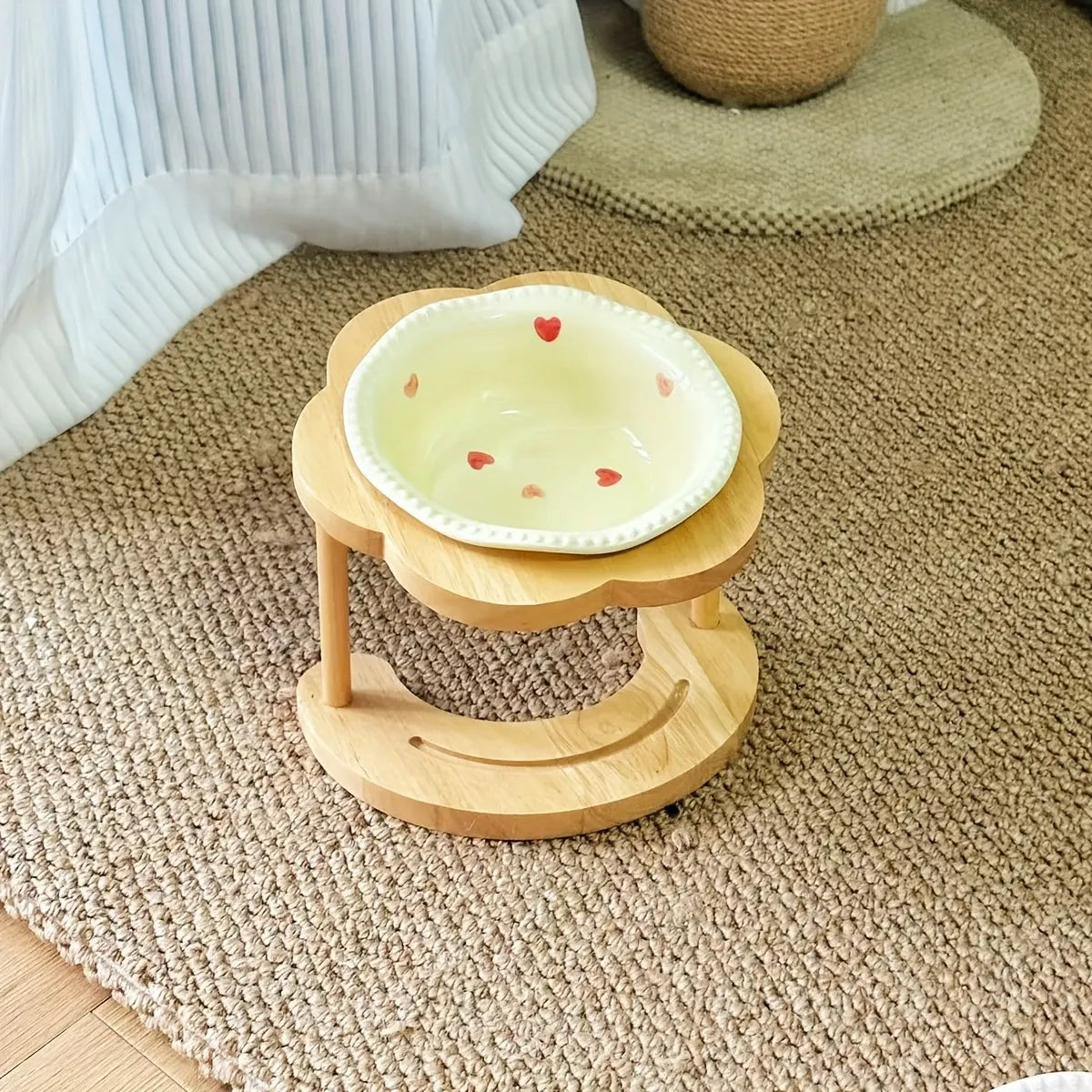 Ceramic Pet Feeder with Wood Stand | Tilted Cat Bowl for Comfortable Eating, Anti-Tip Design(Zhu Dian ai Xin wan)
