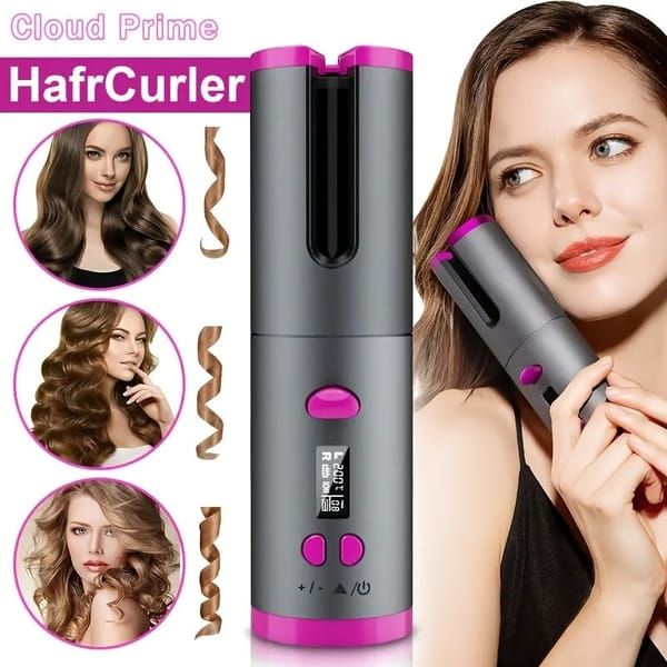 Automatic Hair Curler, Cordless Rechargeable Curling Iron with 6 Temp & Timer, Anti-Scald Portable Hair Curler for Travel(sky blue)