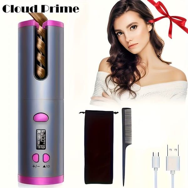 Automatic Hair Curler, Cordless Rechargeable Curling Iron with 6 Temp & Timer, Anti-Scald Portable Hair Curler for Travel(sky blue)