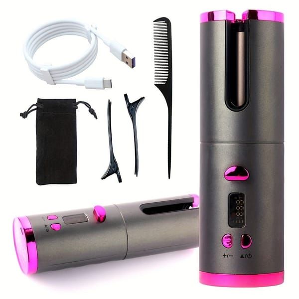 Automatic Hair Curler, Cordless Rechargeable Curling Iron with 6 Temp & Timer, Anti-Scald Portable Hair Curler for Travel(gray)