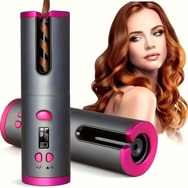 Automatic Hair Curler, Cordless Rechargeable Curling Iron with 6 Temp & Timer, Anti-Scald Portable Hair Curler for Travel(gray)