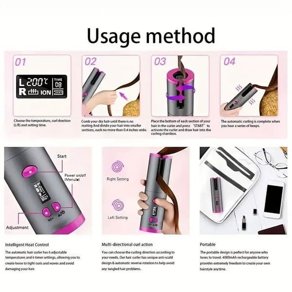 Automatic Hair Curler, Cordless Rechargeable Curling Iron with 6 Temp & Timer, Anti-Scald Portable Hair Curler for Travel(gray)
