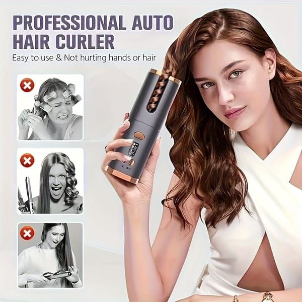 Automatic Hair Curler, Cordless Rechargeable Curling Iron with 6 Temp & Timer, Anti-Scald Portable Hair Curler for Travel(gray)