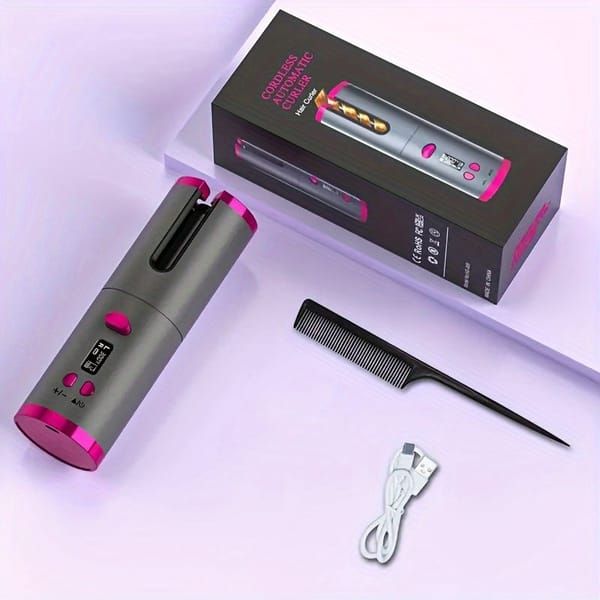 Automatic Hair Curler, Cordless Rechargeable Curling Iron with 6 Temp & Timer, Anti-Scald Portable Hair Curler for Travel(gray)