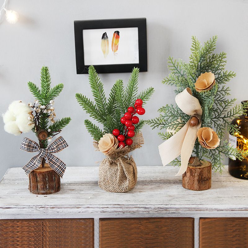 Desktop Mini Christmas Tree 25cm, Burlap Bow with Pinecone Base, Lightweight & Versatile, Brightens Office and Home Holiday Atmosphere (Cotton Style)