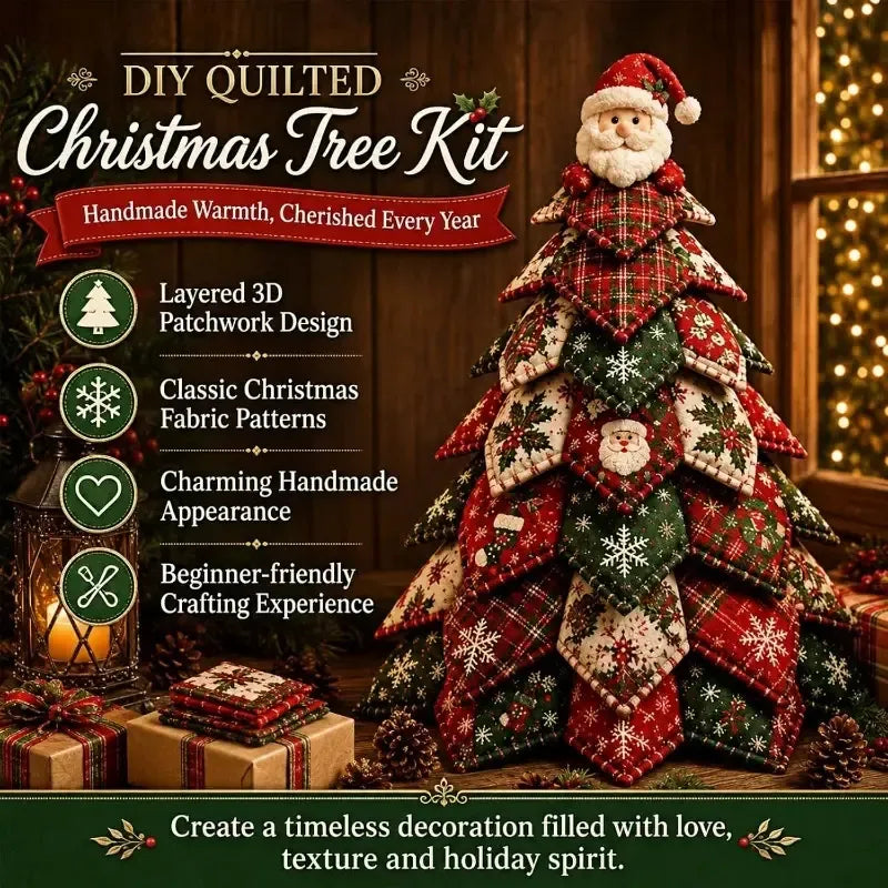 DIY 3D Quilted Fabric Patchwork Christmas Tree Kit, 3D Handmade Sewing Craft with Instructions, Beginner Friendly, Vintage Festive Tabletop Decor Gift/star