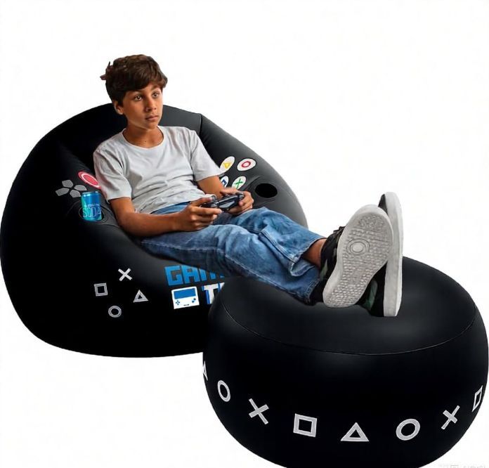 Inflatable Gaming Chair for Kids & Teens with Cup Holders and Side Pocket - This Air Bean Bag Game Chair is The Perfect Furniture for Gamer Room Décor (Gaming Time with Ottoman)