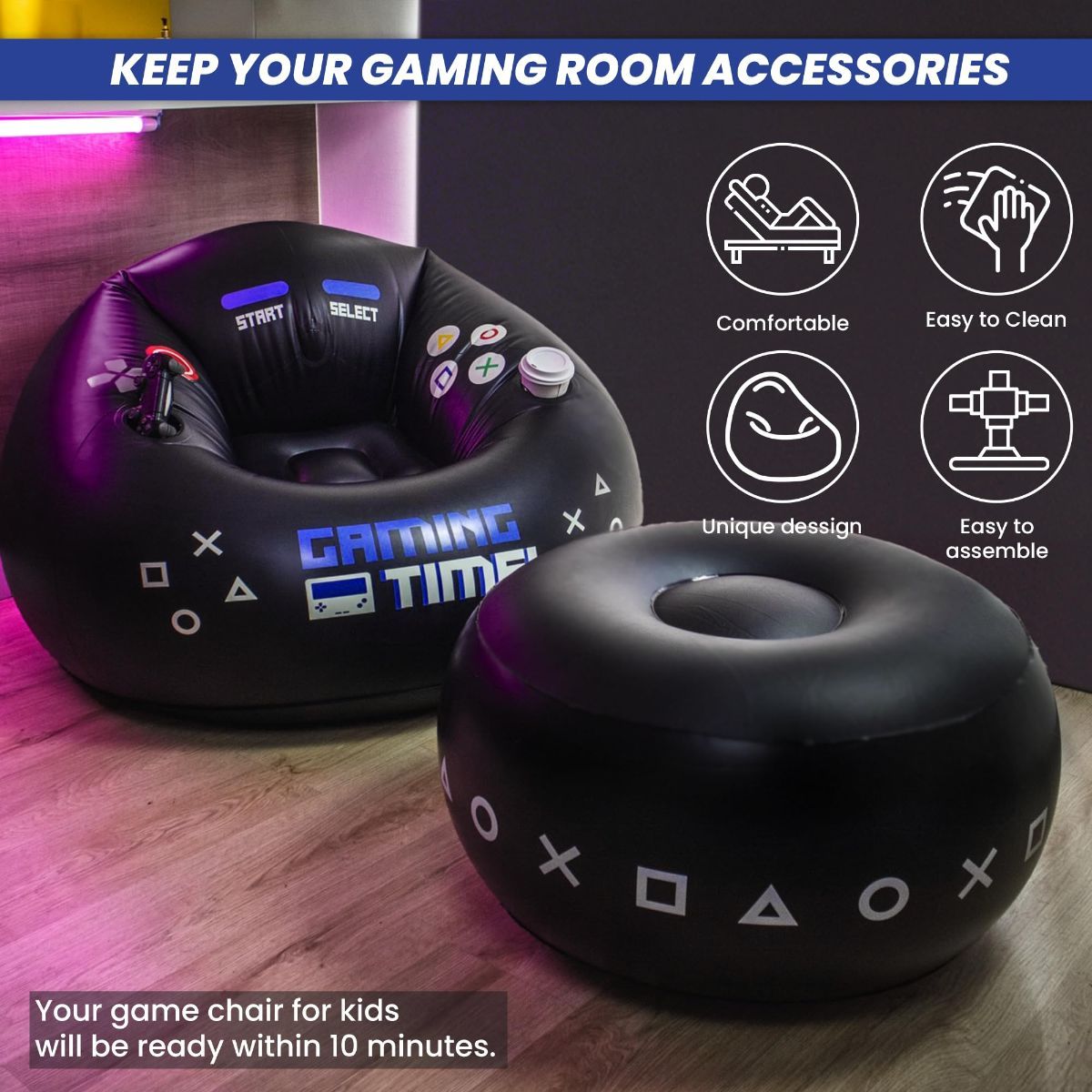 Inflatable Gaming Chair for Kids & Teens with Cup Holders and Side Pocket - This Air Bean Bag Game Chair is The Perfect Furniture for Gamer Room Décor (Gaming Time with Ottoman)