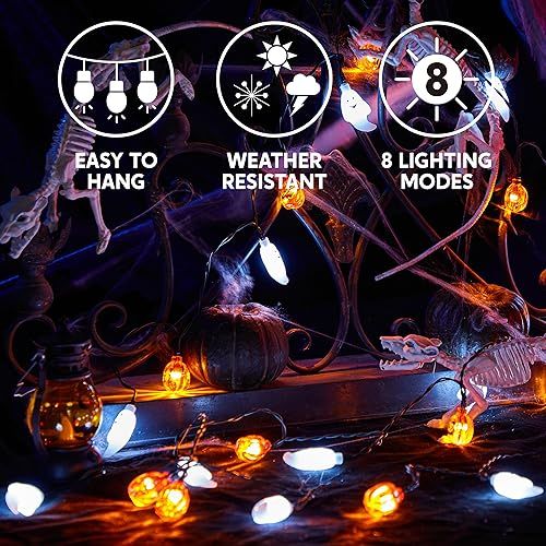 Halloween String Lights for Indoor & Outdoor, Ghost & Pumpkin Decor for Party, Haunted House (White, Orange)