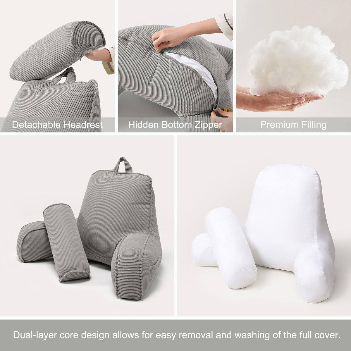 Comfortable Reading Pillow with Armrests for Bed & Sofa Relaxation, Gaming, and Lazy Days, 80*40*60cm (light gray)