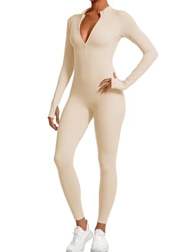 Long Sleeve Zip-Up Jumpsuit for Yoga, Fitness, Everyday Wear and Stylish Occasions, XL (beige)