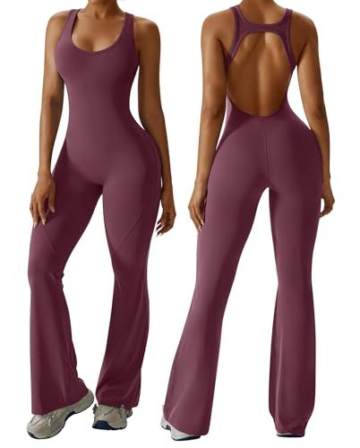 Stylish Backless Flared Jumpsuit for Yoga, Workout, Everyday & Occasions, M (Wine Red)