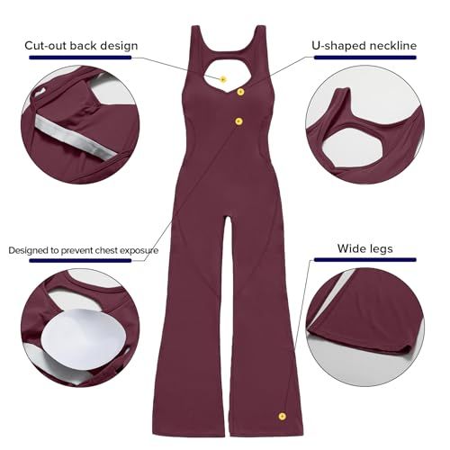 Stylish Backless Flared Jumpsuit for Yoga, Workout, Everyday & Occasions, M (Wine Red)