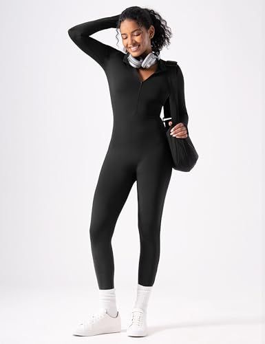 Long-sleeve Zip-up Bodysuit for Yoga, Workout, and Everyday Versatile Wear, M (Black)
