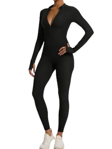 Long-sleeve Zip-up Bodysuit for Yoga, Workout, and Everyday Versatile Wear, L (Black)