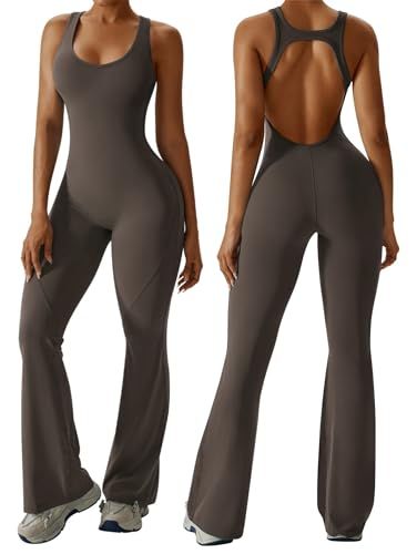 Sleeveless Open Back Flared Jumpsuit for Workout, Yoga, Casual Everyday & Occasions, M (dark brown)