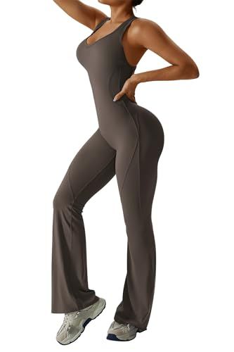 Sleeveless Open Back Flared Jumpsuit for Workout, Yoga, Casual Everyday & Occasions, M (dark brown)