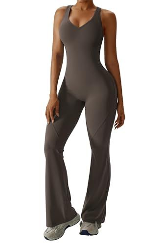 Sleeveless Open Back Flared Jumpsuit for Workout, Yoga, Casual Everyday & Occasions, M (dark brown)