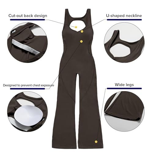 Sleeveless Open Back Flared Jumpsuit for Workout, Yoga, Casual Everyday & Occasions, L (dark brown)