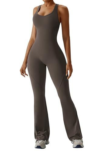 Sleeveless Open Back Flared Jumpsuit for Workout, Yoga, Casual Everyday & Occasions, L (dark brown)
