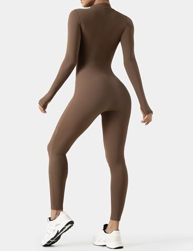 Long-Sleeve Zip-Up Bodycon Jumpsuit for Yoga, Workouts, and Casual Everyday Wear, M (Brown)