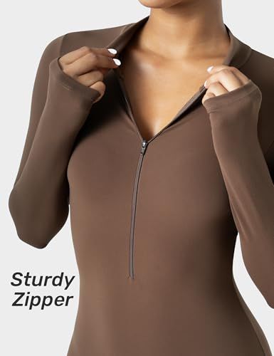 Long-Sleeve Zip-Up Bodycon Jumpsuit for Yoga, Workouts, and Casual Everyday Wear, M (Brown)