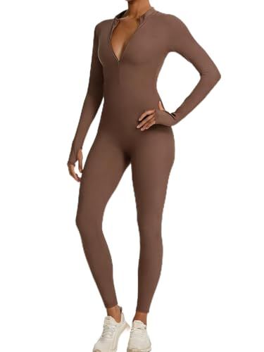 Long-Sleeve Zip-Up Bodycon Jumpsuit for Yoga, Workouts, and Casual Everyday Wear, L (Brown)
