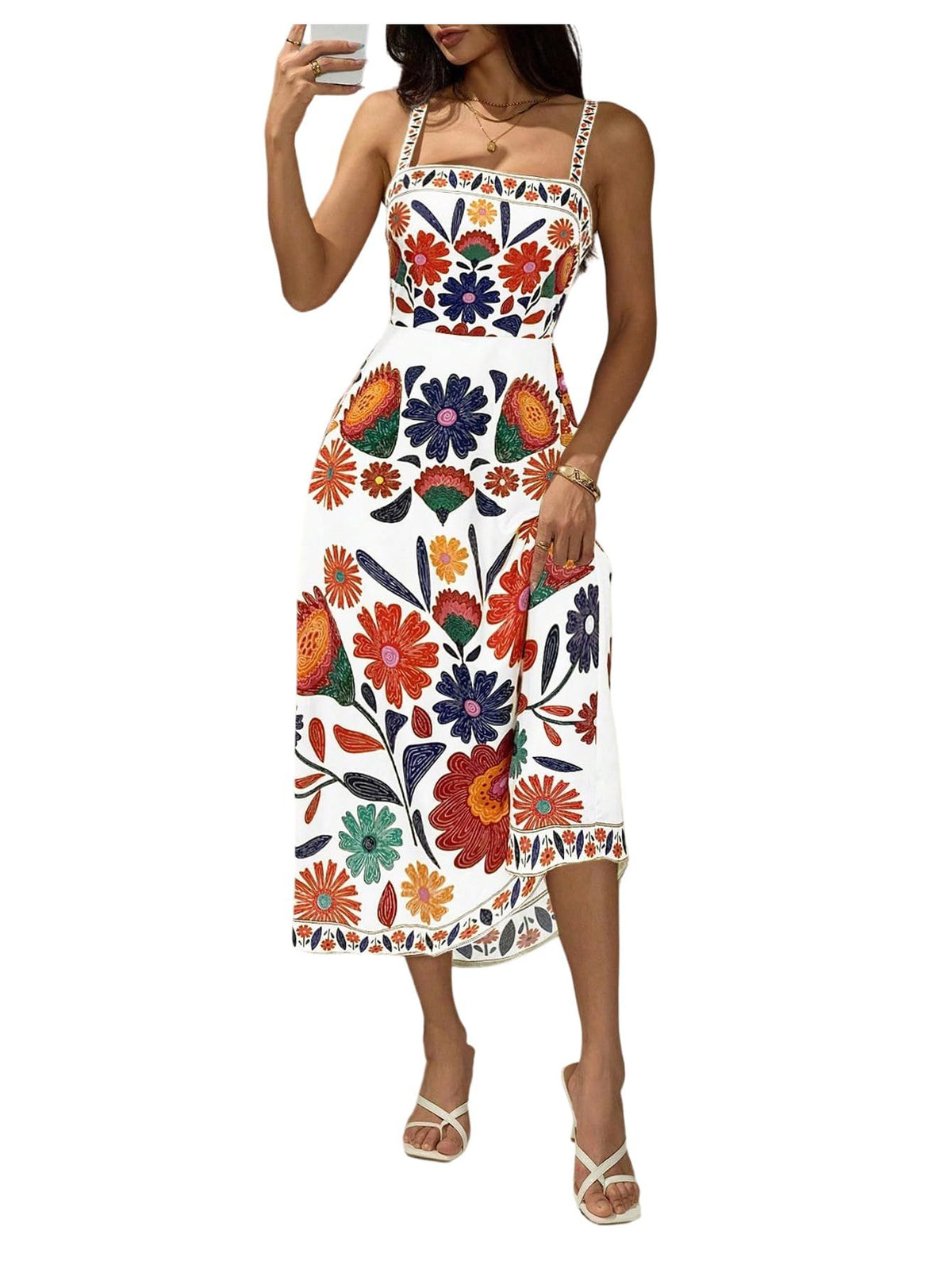 Women’s Floral Print Midi Dress for Summer Vacation, Cruise, Resort, and Beach Days, M (Brick Red)