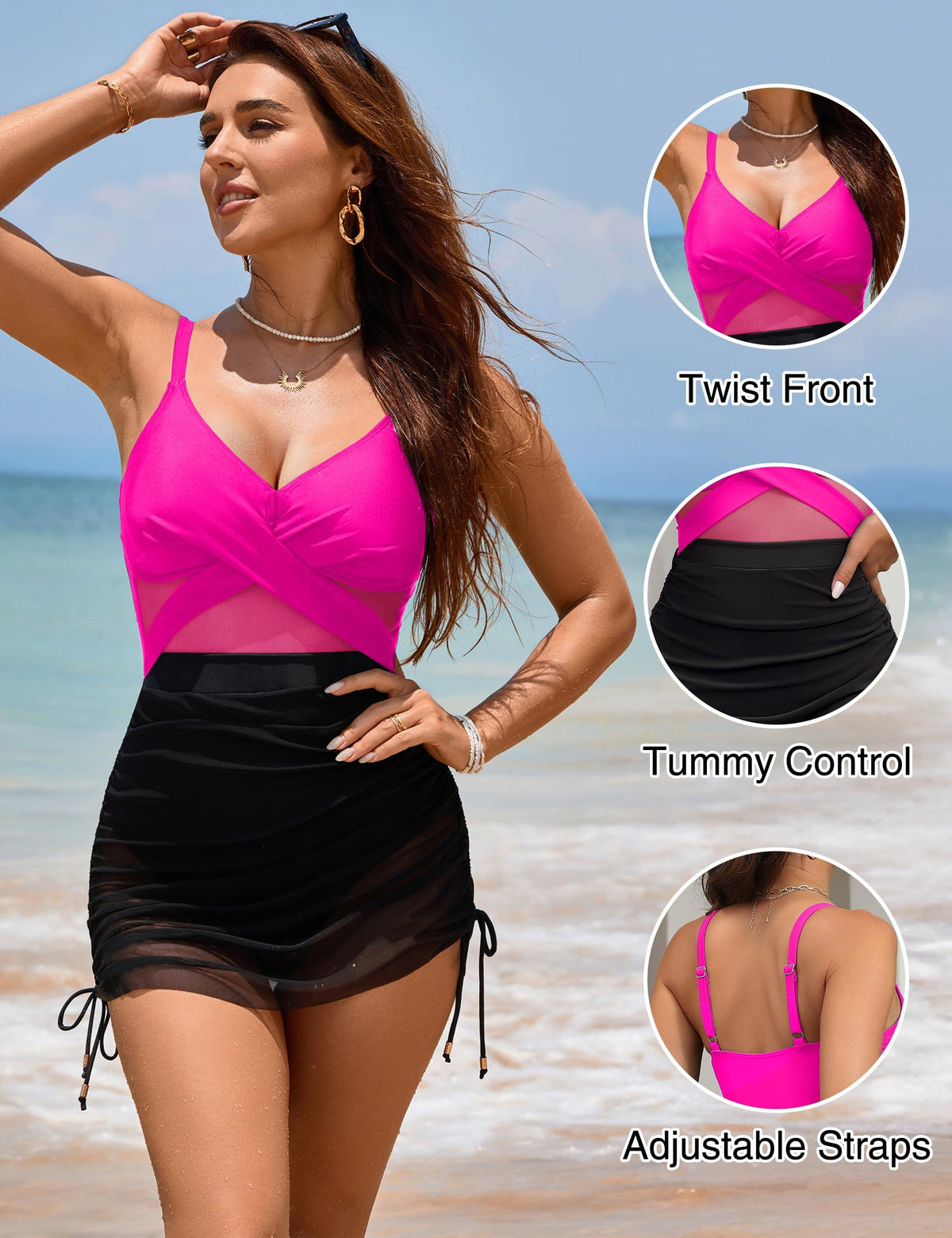 One-Piece Swimsuit with Skirt, Ideal for Beach Vacations, Pool Days, and Water Activities, XL (bright pink)