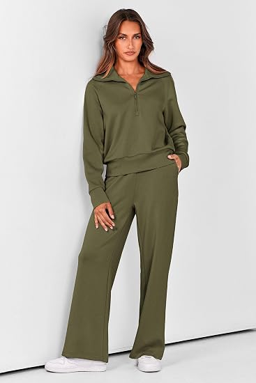 Women's 2-Piece Active Set for Casual Loungewear, Daily Errands, and Seasonal Comfy Style, M (Olive Green)