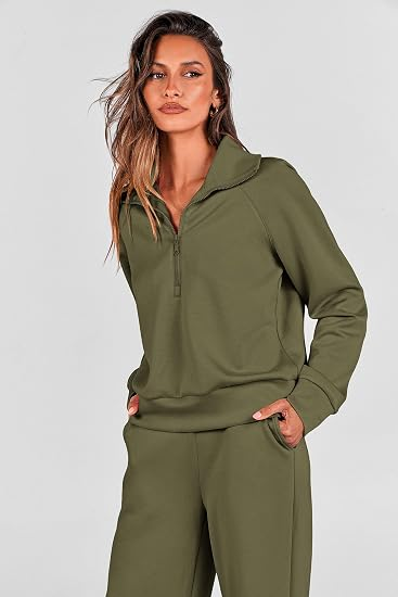 Women's 2-Piece Active Set for Casual Loungewear, Daily Errands, and Seasonal Comfy Style, M (Olive Green)