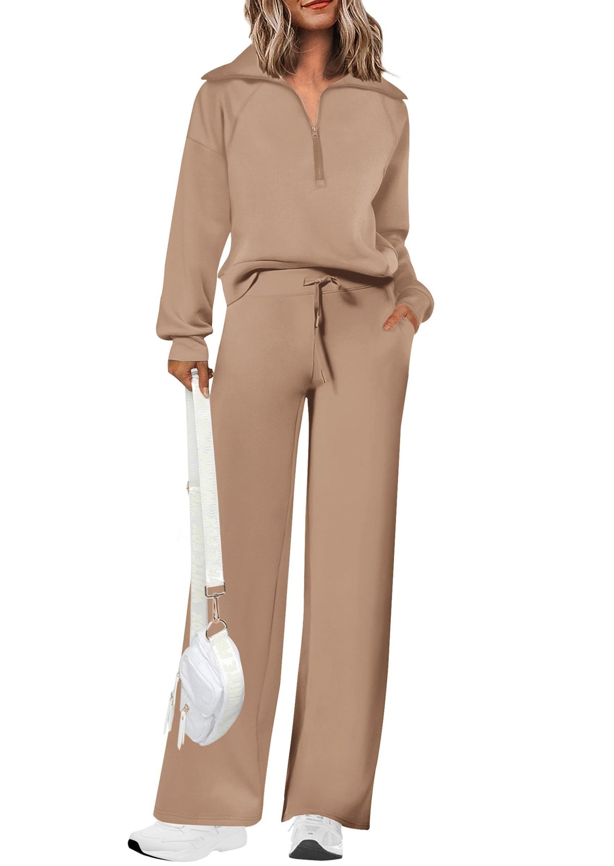 Women's 2-piece Casual Tracksuit, Ideal For Lounging, Working Out, Running Errands, M (Beige)