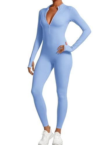 Long-Sleeve Zip-Up Bodysuit for Yoga, Workout, Casual Wear & Everyday Styling, XL (Azure)