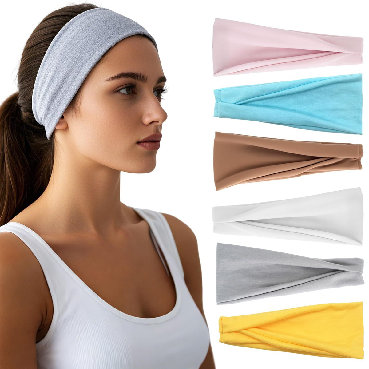 6pcsStretchy Non-Slip Headbands for Sports, Yoga, Daily Use and Face Washing (Heather Gray)