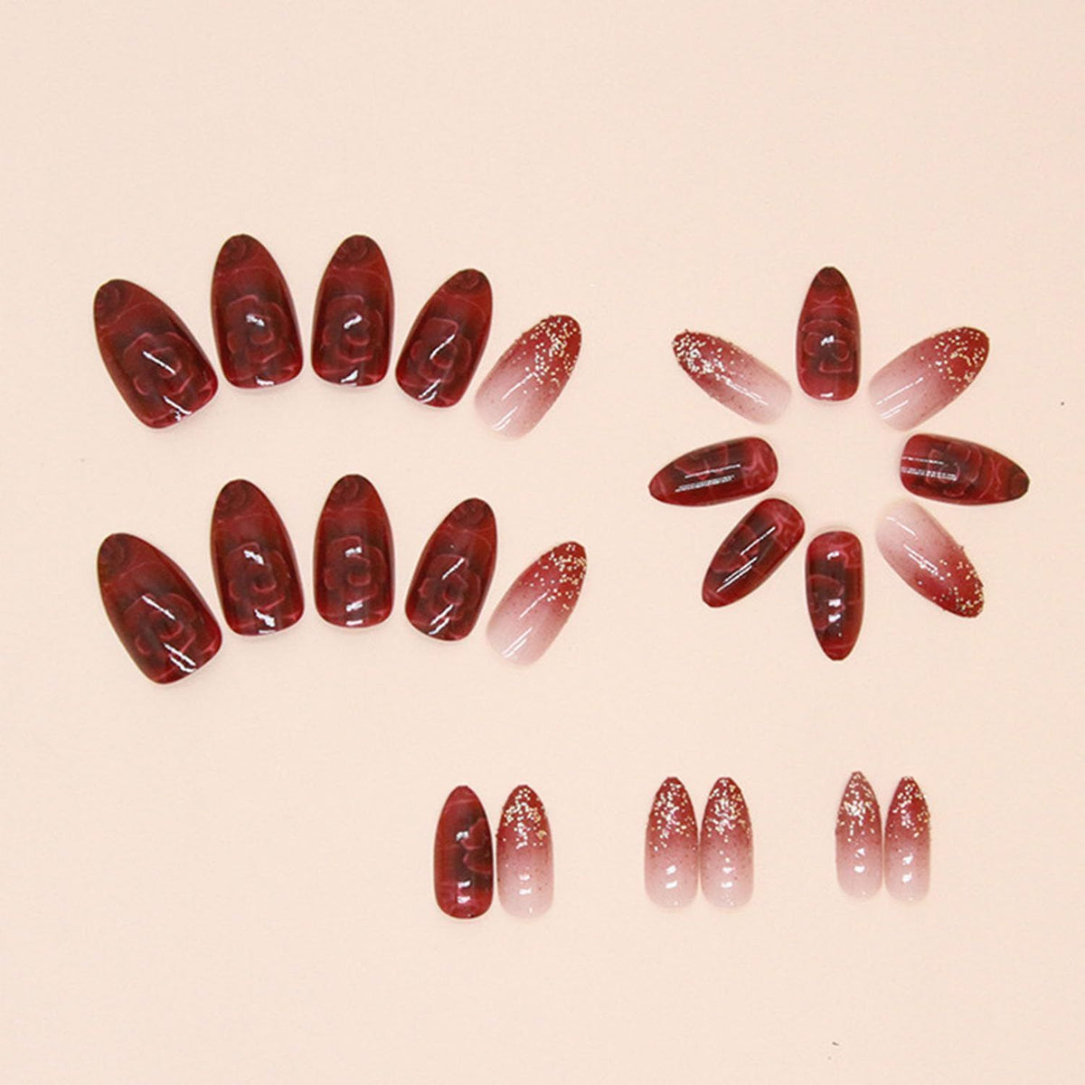 Luxury Press-On Nails for Weddings, Parties & Special Occasions, Ready to Wear Instantly (Dark Red)