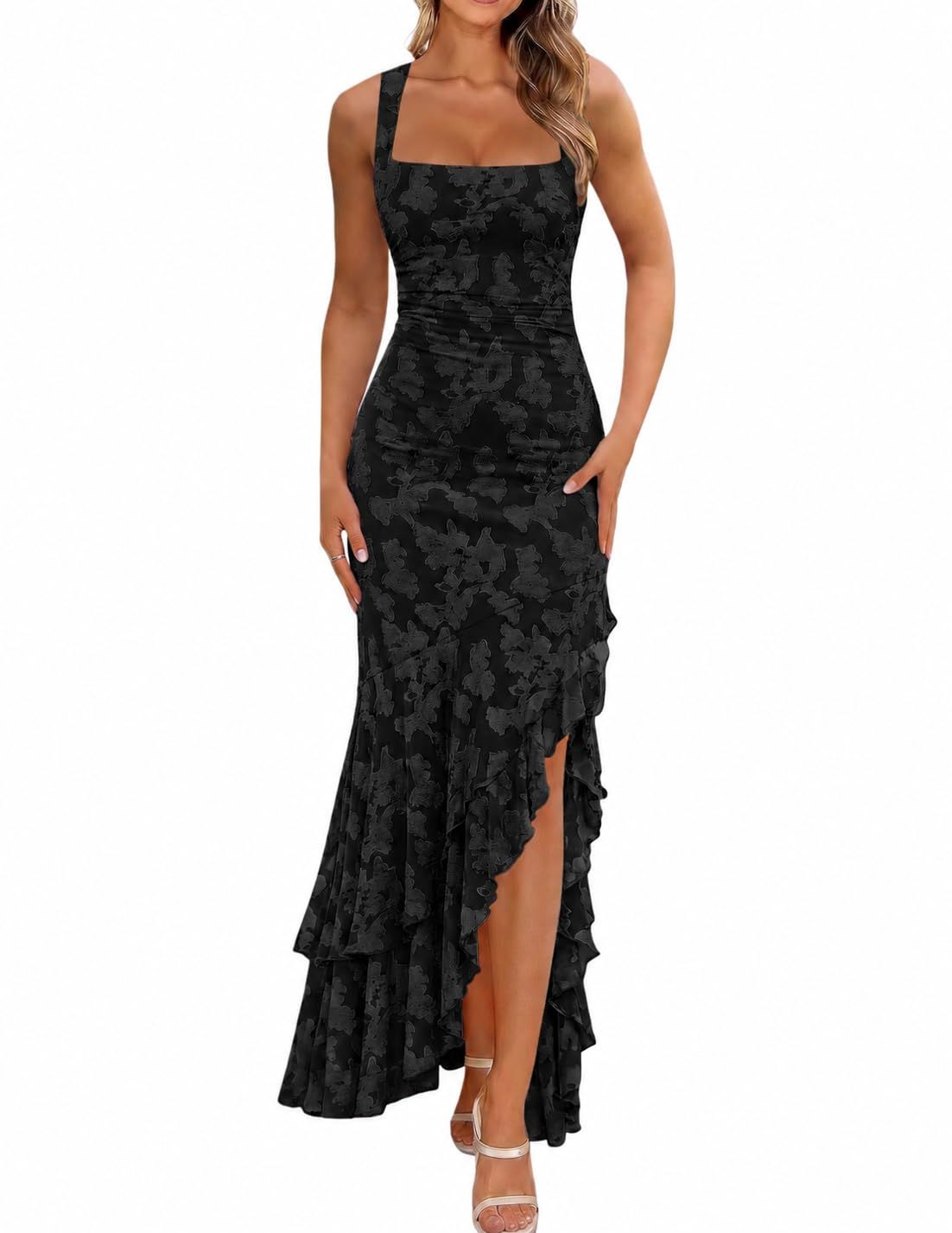 Elegant Ruffled Floral Maxi Dress for Wedding Guests, Parties, Cocktails, Formal Events, XXL (Black with dark floral pattern)