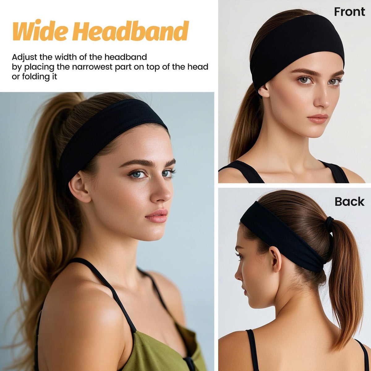 6pcs-Pack Stretch Headbands for Sports, Yoga, Daily Wear & Face Cleansing (Black)