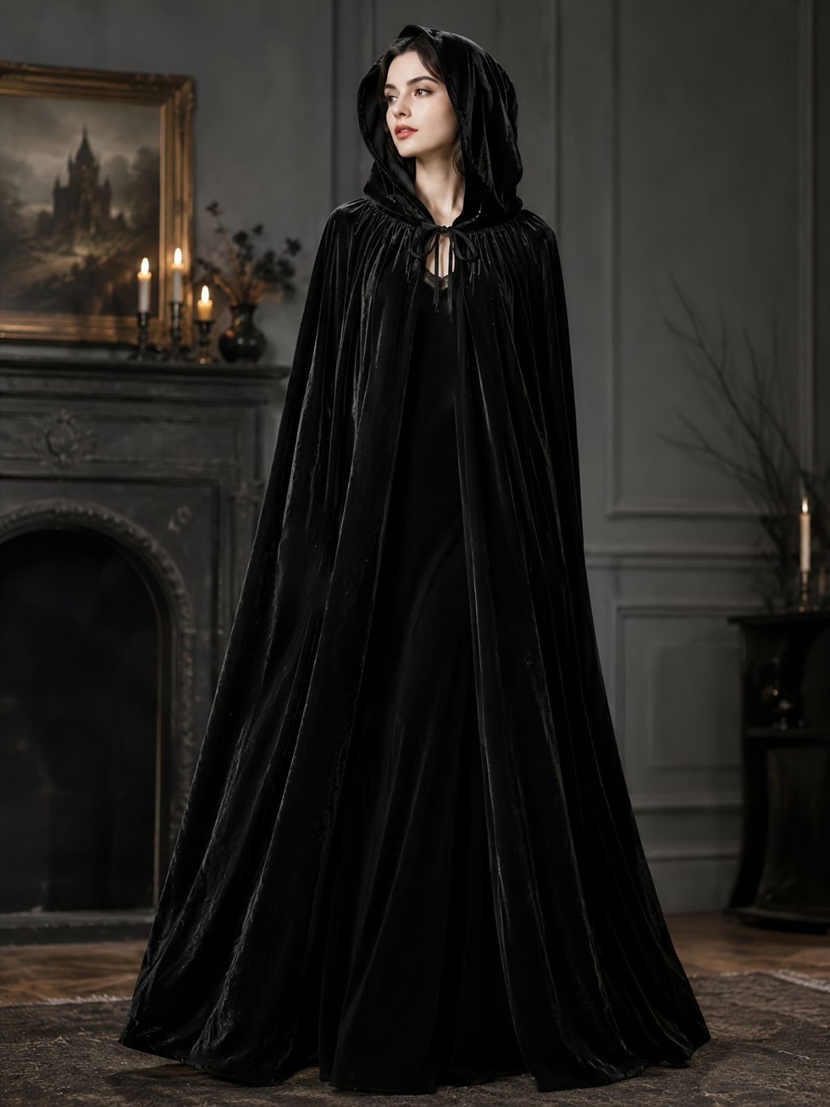 Black Velvet Cape Hooded Cape Cosplay Cape Halloween Costume Cape Party Cape - Black - Size S