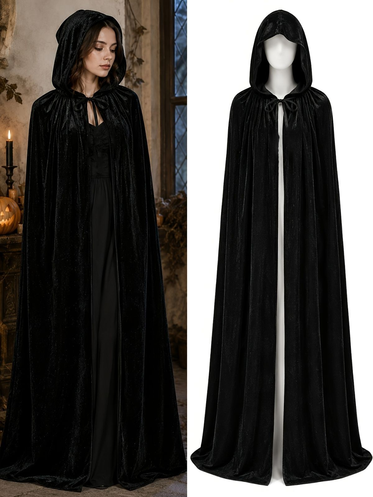 Black Velvet Cape Hooded Cape Cosplay Cape Halloween Costume Cape Party Cape - Black - Size S