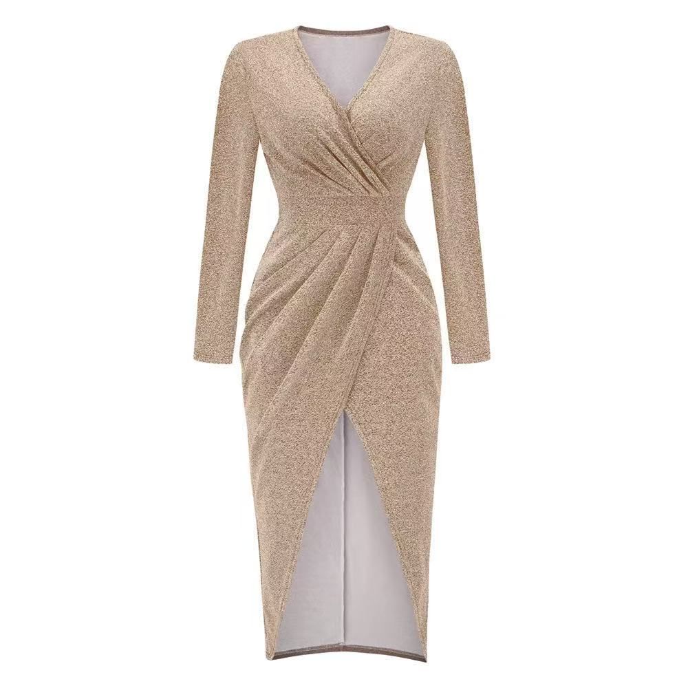 Long Sleeve Dress V-Neck Dress Wrap Maxi Dress Women'S Maxi Dress Evening Dress - Black - Size L