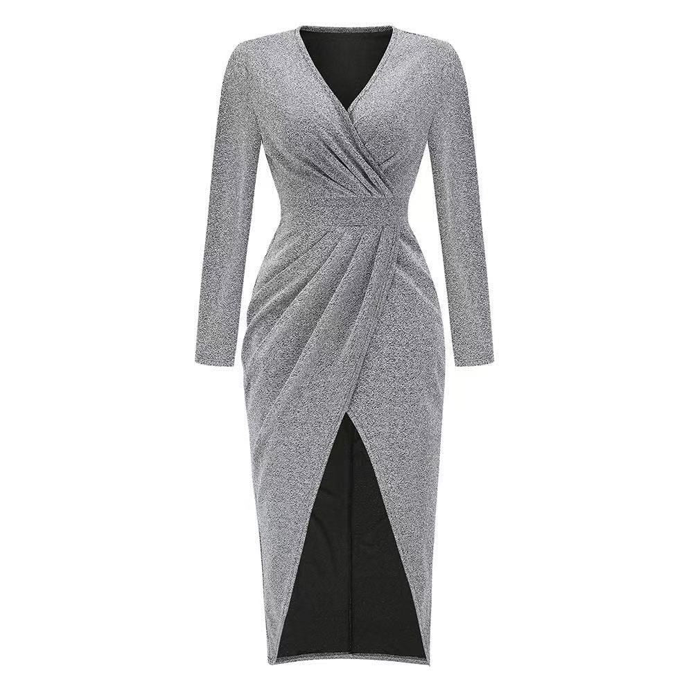 Long Sleeve Dress V-Neck Dress Wrap Maxi Dress Women'S Maxi Dress Evening Dress - Black - Size L