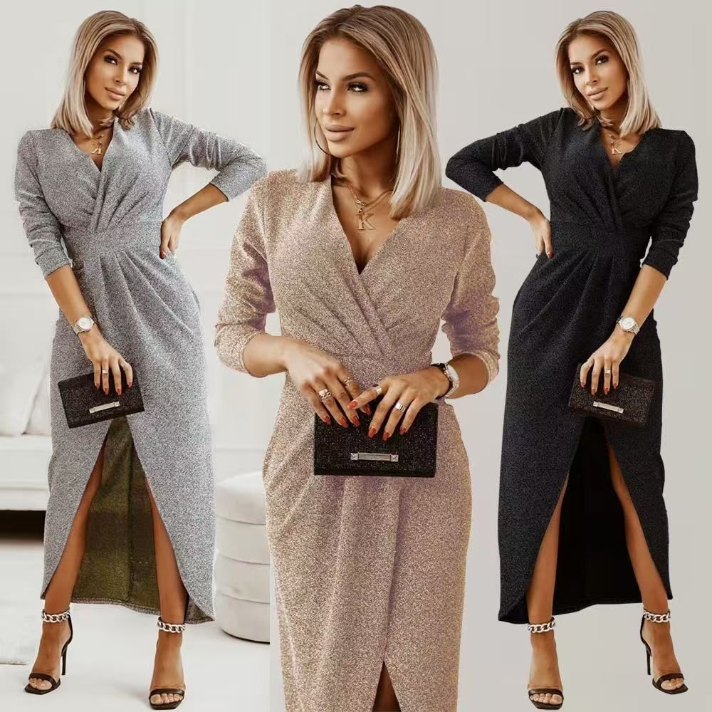 Long Sleeve Dress V-Neck Dress Wrap Maxi Dress Women'S Maxi Dress Evening Dress - Black - Size XXL